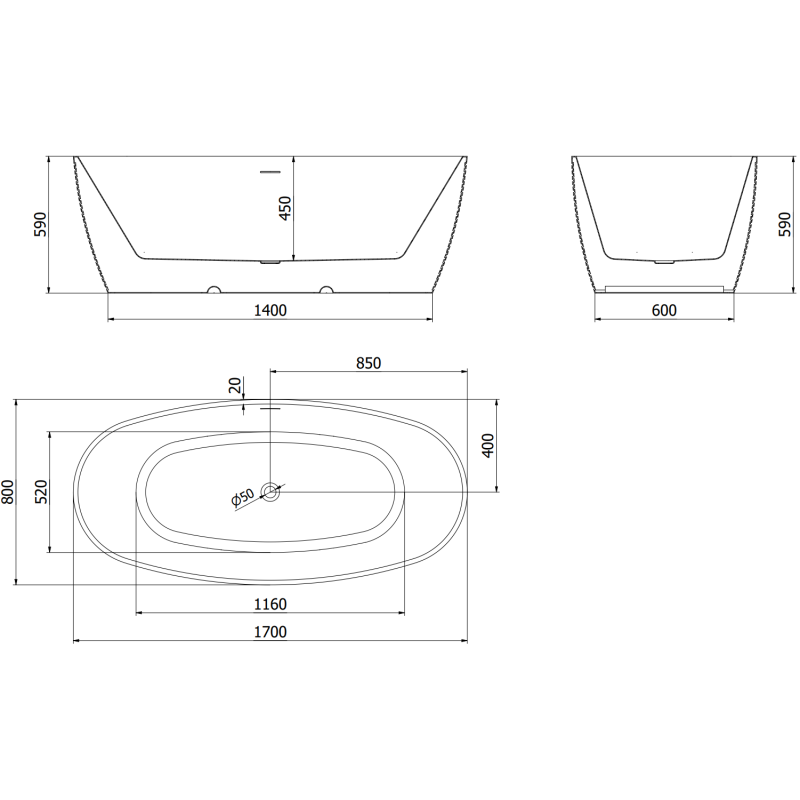 Mexen Lira freistehende Badewanne 170 x 80 cm, weiß/schwarz, schwarzer Überlauf - 52831708075-70