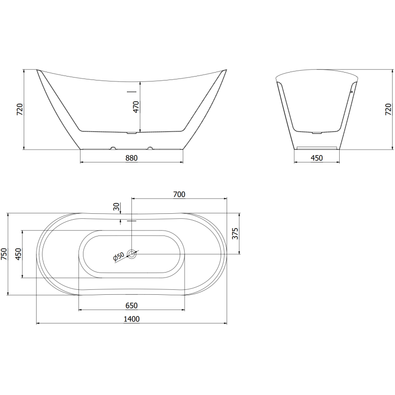 Mexen Lotos freistehende Badewanne 140 x 75 cm, weiß, Überlauf in gebürstetem Gold - 52051407700-55