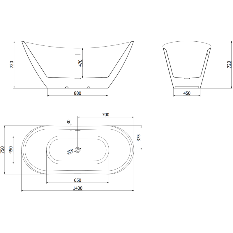 Mexen Lotos freistehende Badewanne 140 x 75 cm, weiß/schwarz, Überlauf chrom - 52051407775-01
