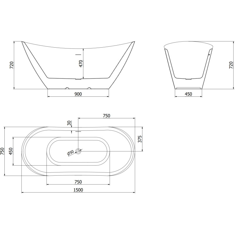 Mexen Lotos freistehende Badewanne 150 x 75 cm, weiß, Überlauf gold - 52051507700-50