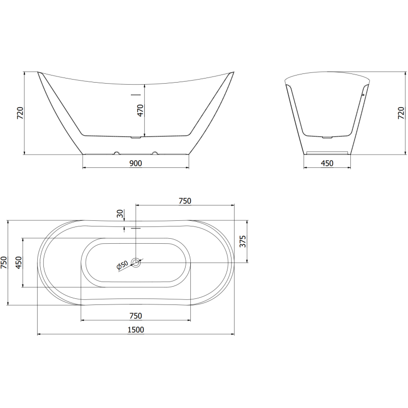 Mexen Lotos freistehende Badewanne 150 x 75 cm, weiß/schwarz, Überlauf chrom - 52051507775-01