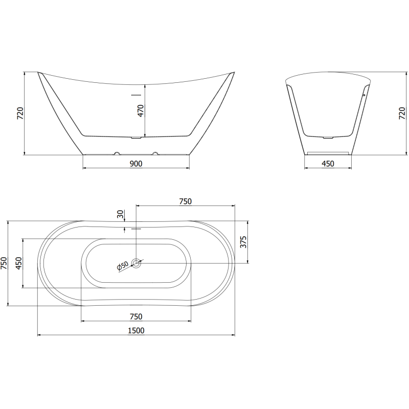 Mexen Lotos freistehende Badewanne 150 x 75 cm, weiß/schwarz, Überlauf gold gebürstet - 52051507775-55