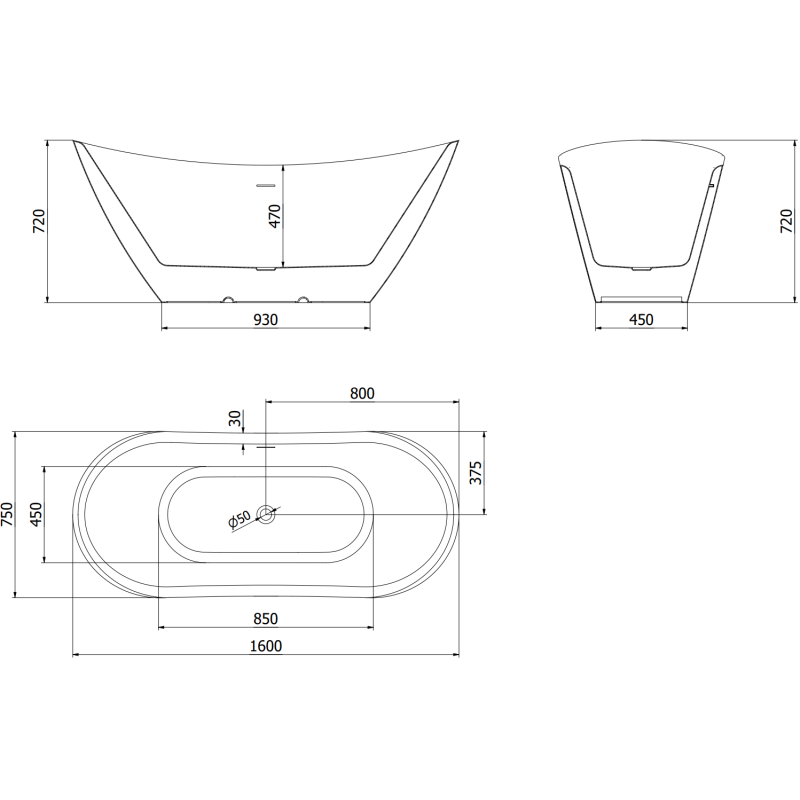 Mexen Lotos freistehende Badewanne 160 x 75 cm, weiß, Überlauf Chrom - 52051607700-01