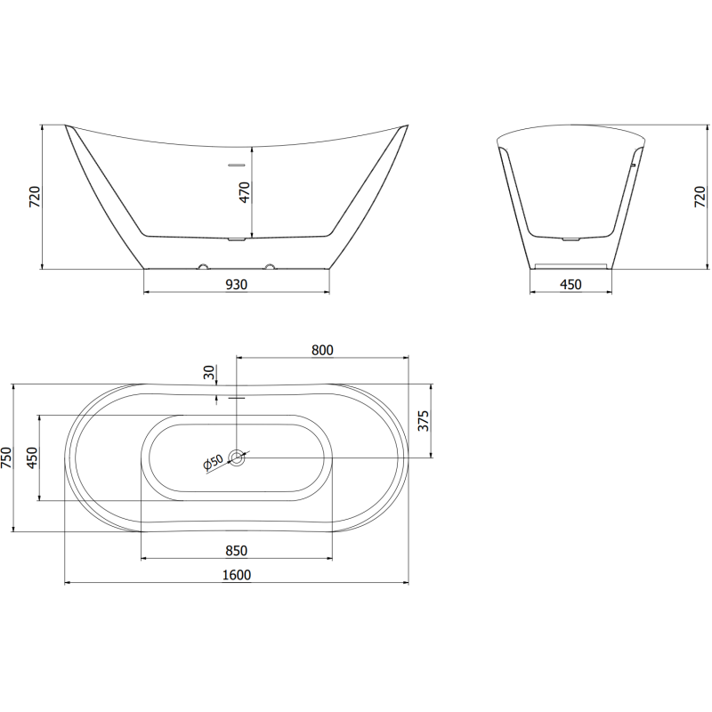 Mexen Lotos freistehende Badewanne 160 x 75 cm, weiß, Überlauf schwarz - 52051607700-70