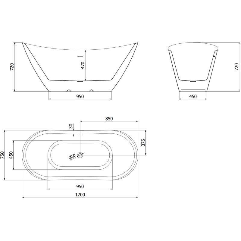 Mexen Lotos freistehende Badewanne 170 x 75 cm, weiß, Überlauf in Roségold - 52051707700-60
