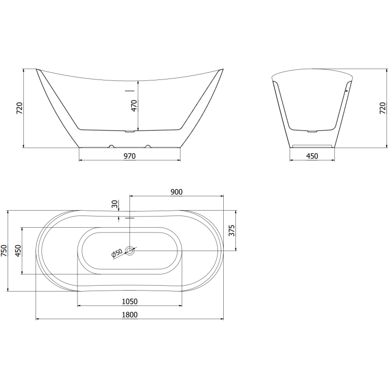 Mexen Lotos freistehende Badewanne 180 x 75 cm, weiß, Überlauf gebürsteter Nickel - 52051807700-97