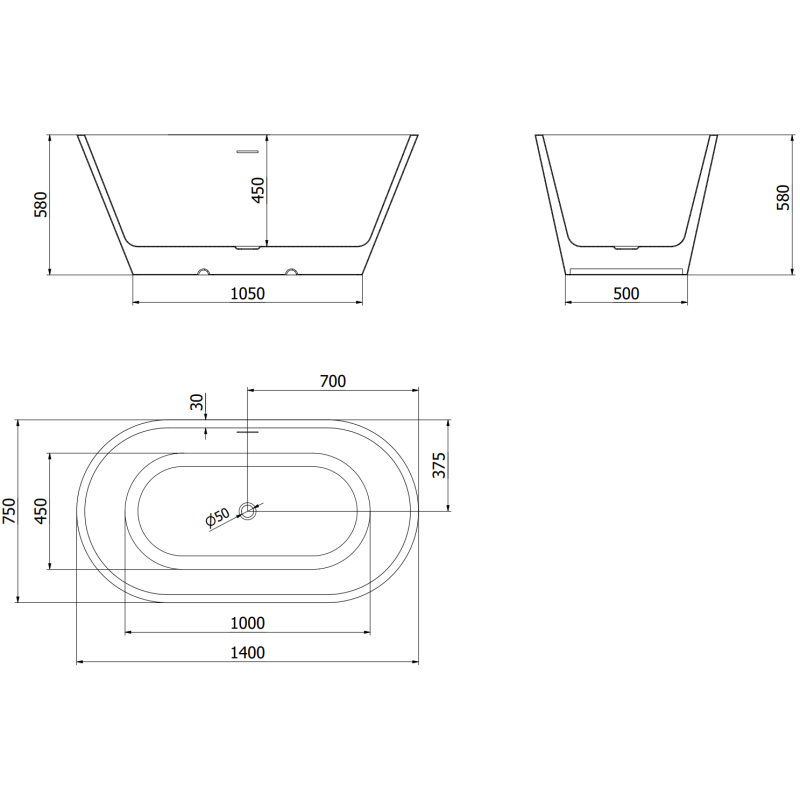 Mexen Luna freistehende Badewanne 140 x 75 cm, weiß/schwarz, Überlauf gun grau gebürstet - 52031407575-66