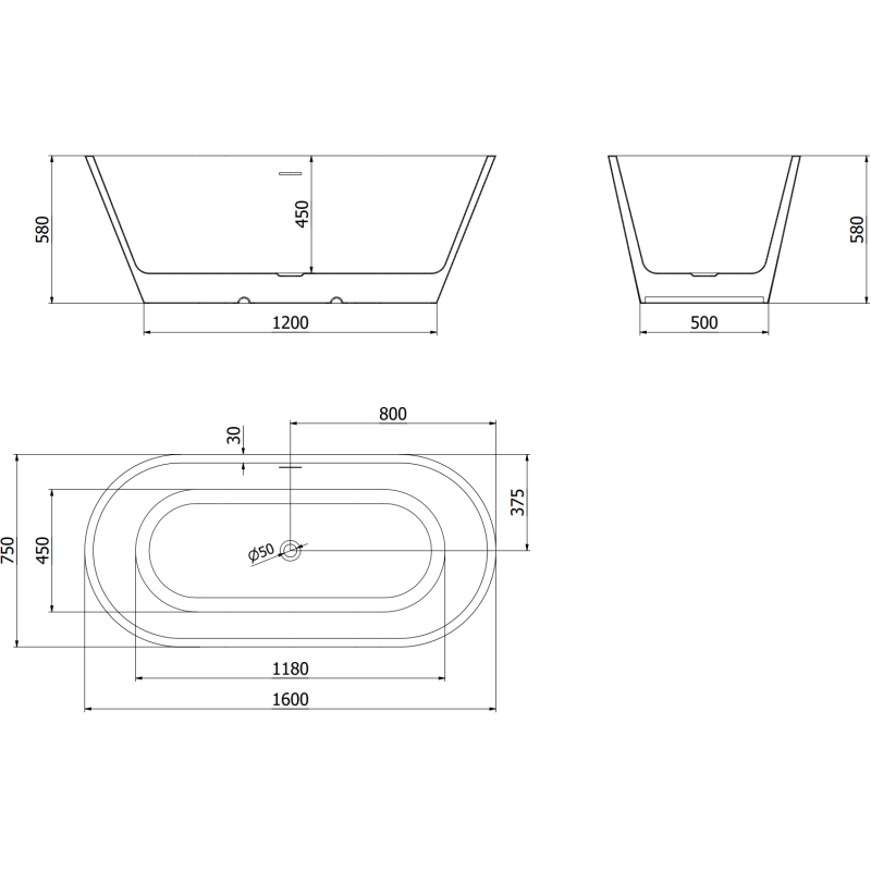Mexen Luna freistehende Badewanne 160 x 75 cm, weiß/schwarz, Überlauf gun gray gebürstet - 52031607575-66