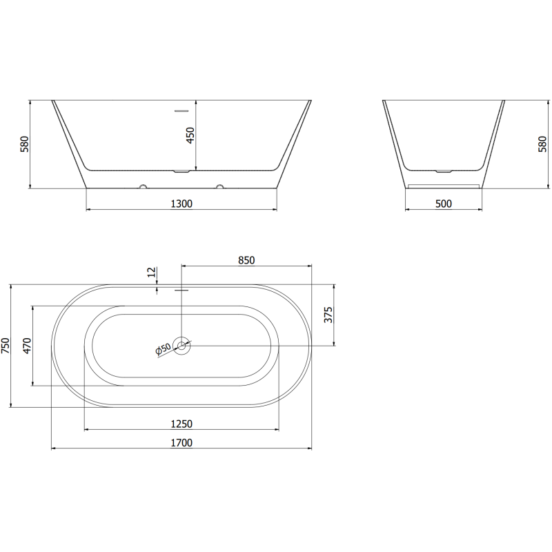 Mexen Luna Slim freistehende Badewanne 170 x 75 cm, weiß, Überlauf chrom - 52041707500-01