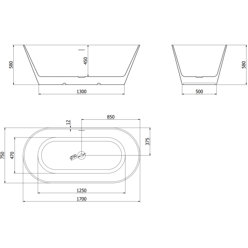 Mexen Luna Slim freistehende Wanne 170 x 75 cm, weiß, Überlauf weiß - 52041707500-20