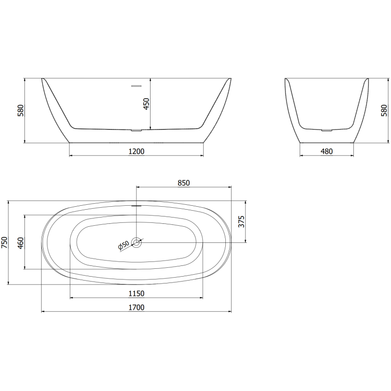 Mexen Luvo Slim freistehende Badewanne 170 x 75 cm, weiß, Überlauf Chrom - 52801707500-01