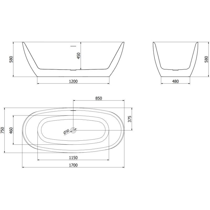 Mexen Luvo Slim freistehende Wanne 170 x 75 cm, weiß, Überlauf gebürstetes Kupfer - 52801707500-65