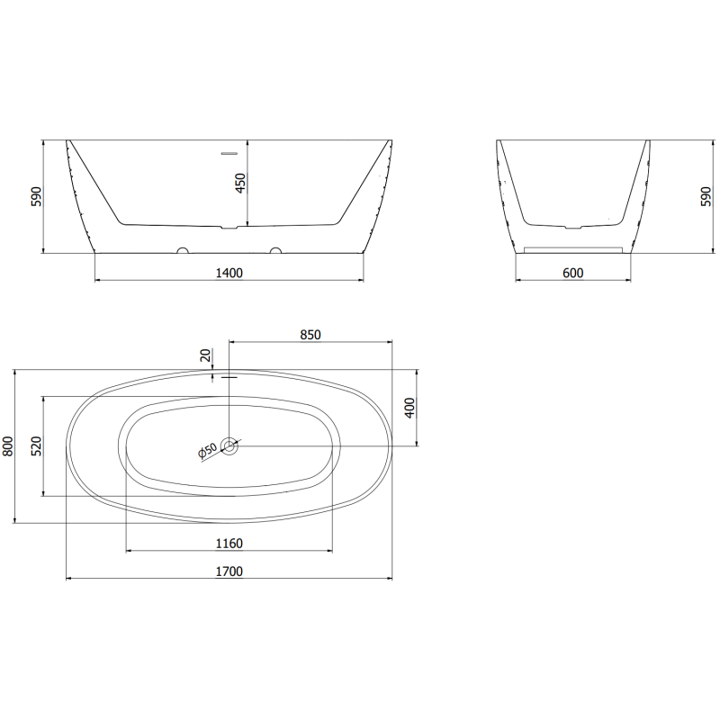 Mexen Olea freistehende Badewanne Muster 170 x 80 cm, weiß, Überlauf weiß - 52821708000-20