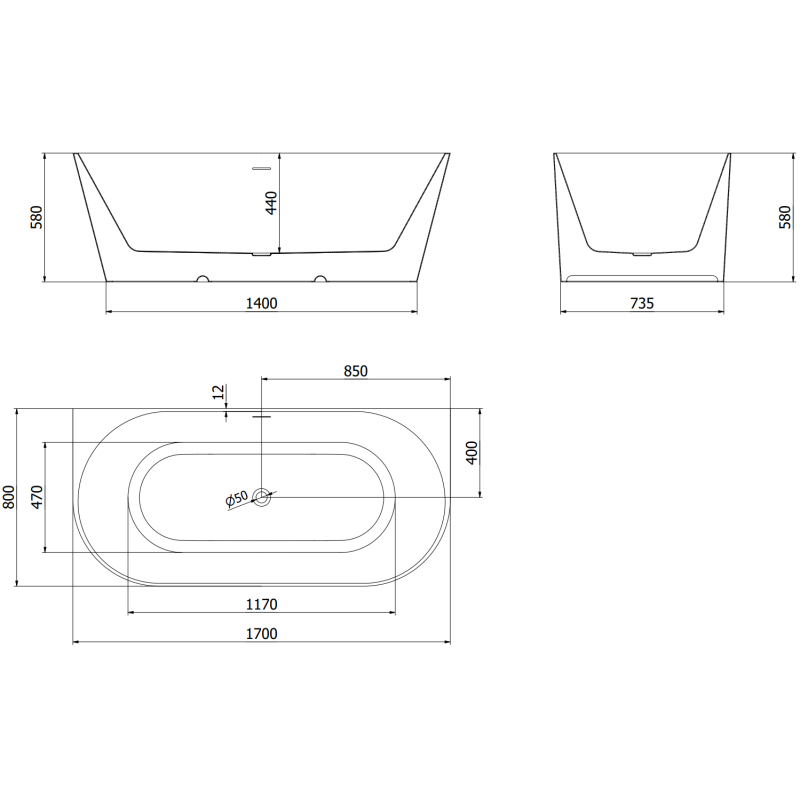 Mexen Oval Slim freistehende wandmontierte Wanne 170 x 80 cm, weiß, schwarzer Überlauf - 52661708000-70