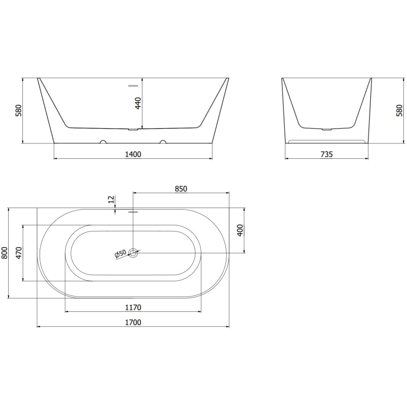 Mexen Oval Slim freistehende an der Wand befestigte Badewanne 170 x 80 cm, weiß/schwarz, weißer Überlauf - 52661708075-20