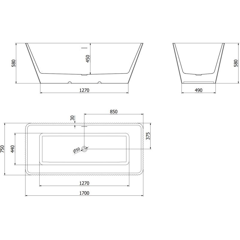 Mexen Tava freistehende gerillte Badewanne 170 x 75 cm, weiß, Überlauf weiß - 52851707500-20