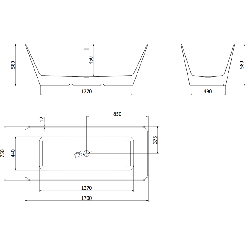 Mexen Velo Slim freistehende Badewanne 170 x 75 cm, weiß/schwarz, Überlauf gold - 52811707575-50