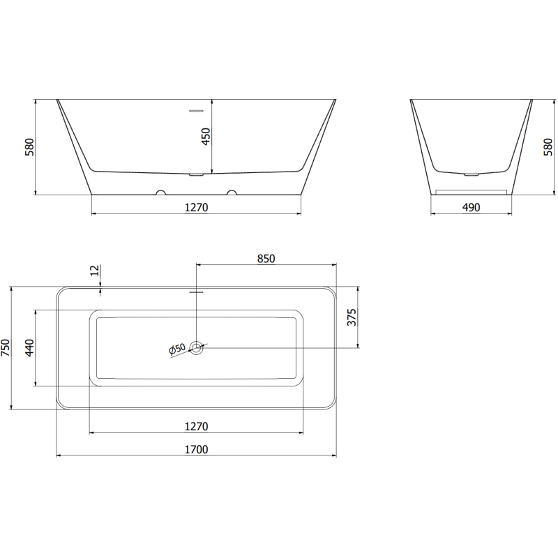 Mexen Velo Slim freistehende Badewanne 170 x 75 cm, weiß/schwarz, Überlauf gun metal - 52811707575-95