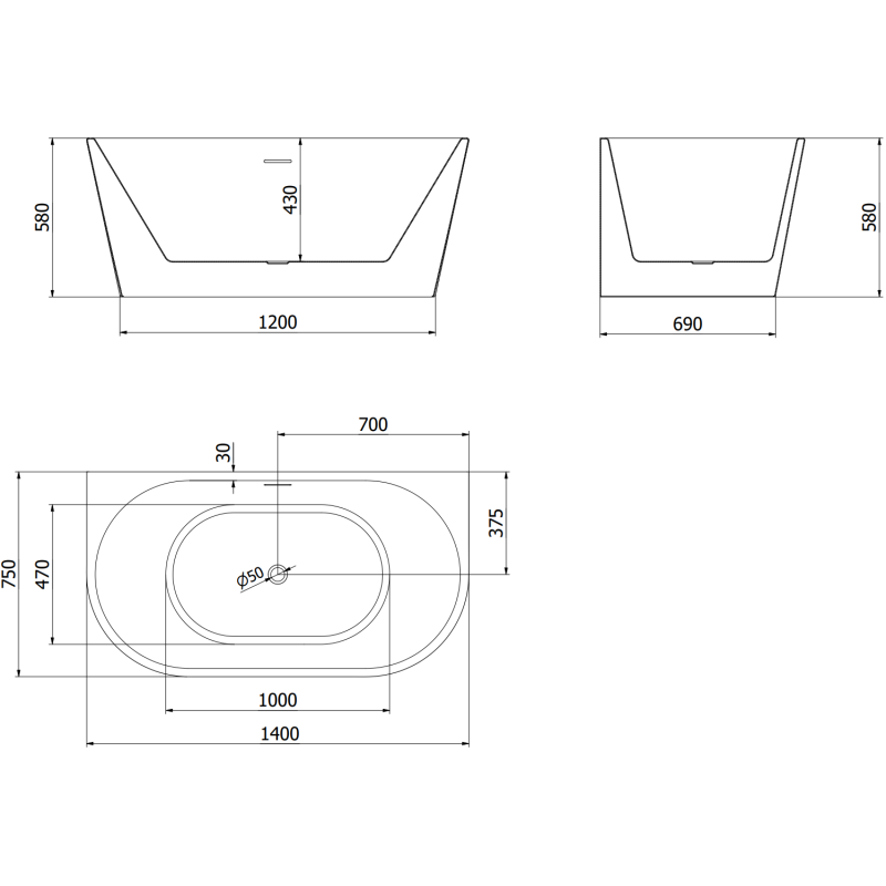 Mexen Oval freistehende Wandbadewanne 140 x 75 cm, weiß, Gun Metal Überlauf - 52671407500-95