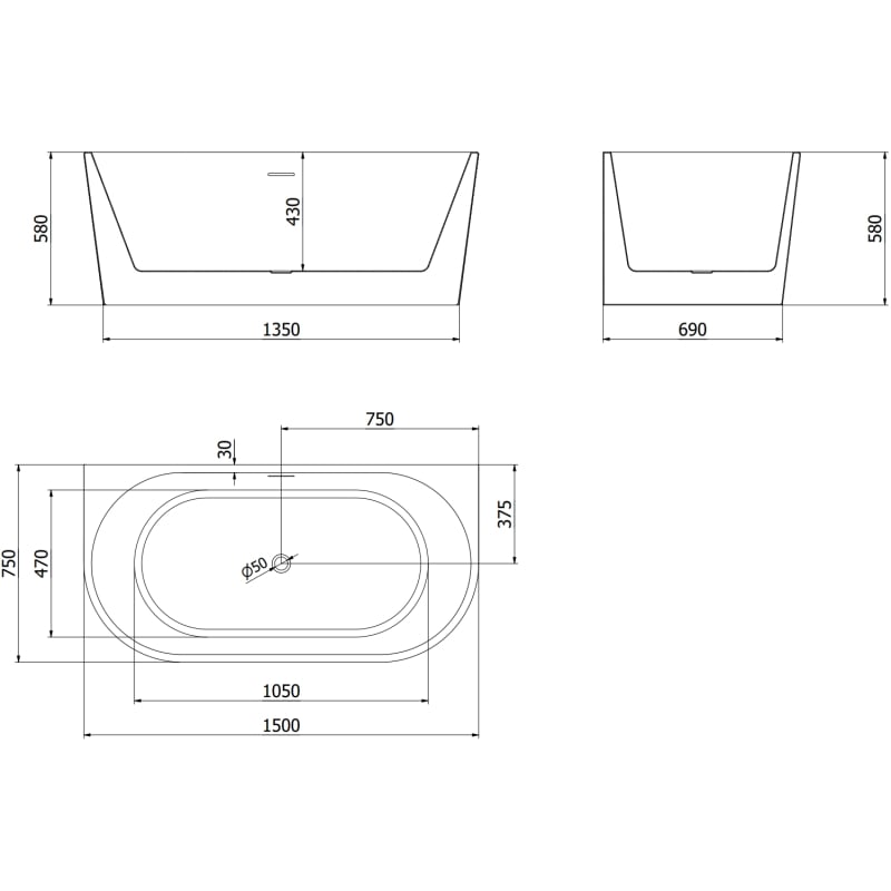 Mexen Oval freistehende an der Wand montierte Badewanne 150 x 75 cm, weiß, Überlauf gebürstetes Kupfer - 52671507500-65