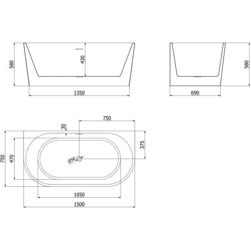 Mexen Oval freistehende Wandbadewanne 150 x 75 cm, weiß, Überlauf gun grey gebürstet - 52671507500-66