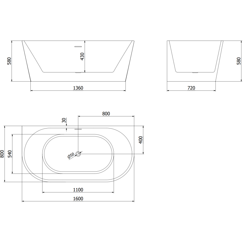 Mexen Oval freistehende, wandnahe Badewanne 160 x 80 cm, weiß, Überlauf chrom - 52671608000-01