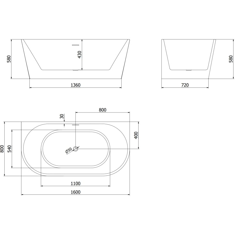 Mexen Oval freistehende ovale Badewanne 160 x 80 cm, Weiß, Überlauf Gold - 52671608000-50