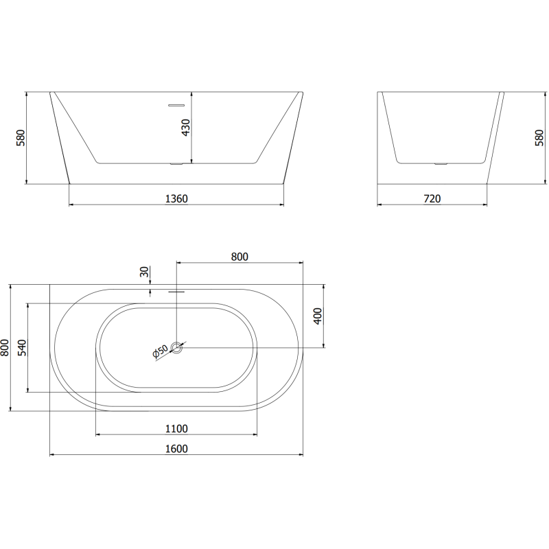 Mexen Oval freistehende Badewanne wandnah 160 x 80 cm, weiß/schwarz, Überlauf Gun Metal - 52671608075-95