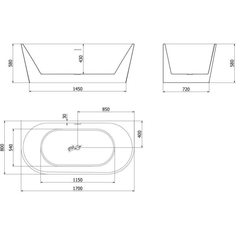 Mexen Oval freistehende Wandbadewanne 170 x 80 cm, weiß, schwarzer Überlauf - 52671708000-70