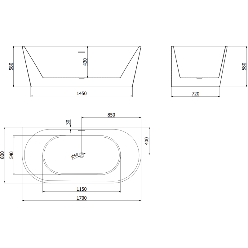 Mexen Oval freistehende Wanne an der Wand 170 x 80 cm, weiß/schwarz, Überlauf gebürstetes Kupfer - 52671708075-65