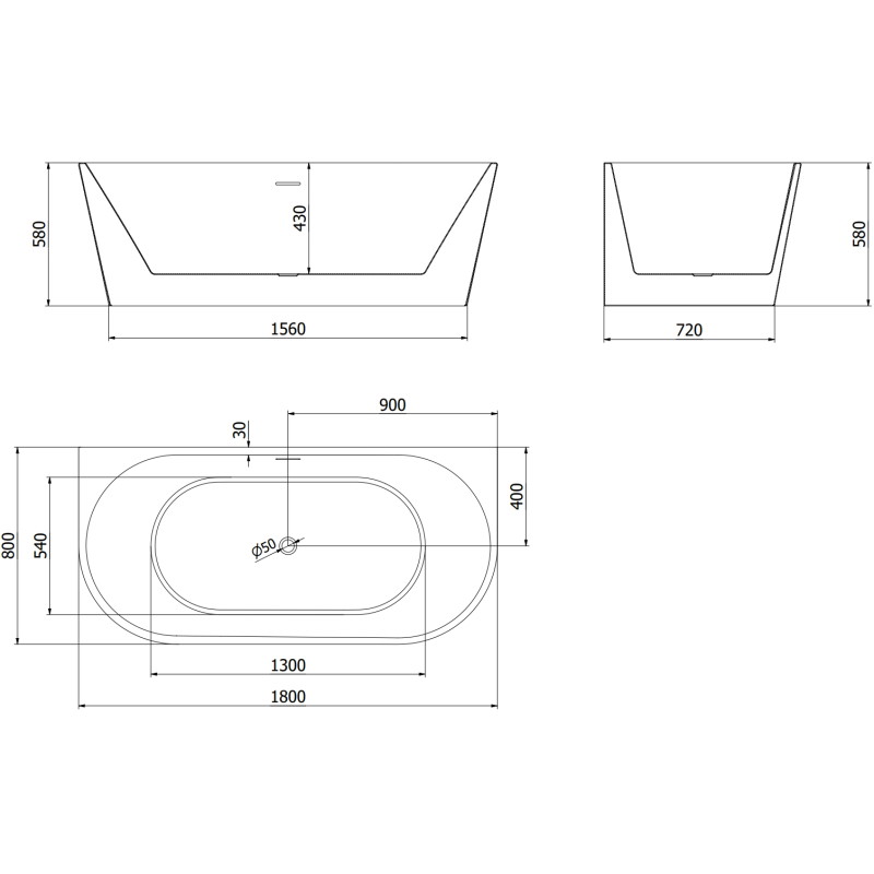 Mexen Oval freistehende, an die Wand gestellte Badewanne 180 x 80 cm, weiß, Überlauf gold - 52671808000-50