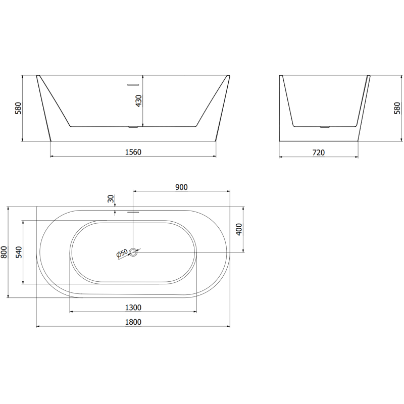 Mexen Oval freistehende Wanne mit Wandanschluss 180 x 80 cm, weiß, Überlauf gebürstetes Nickel - 52671808000-97