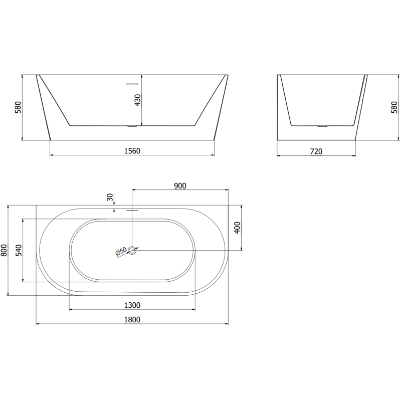 Mexen Oval freistehende Wannen an der Wand 180 x 80 cm, weiß/schwarz, Überlauf Kanonenmetall - 52671808075-95