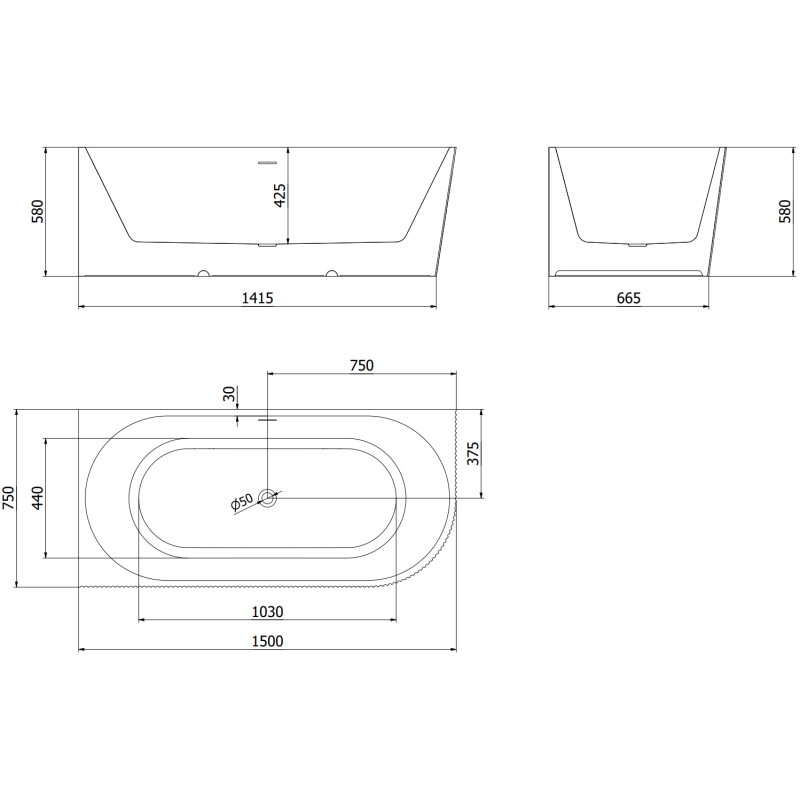 Mexen Silo freistehende Eckbadewanne links geriffelt 150 x 75 cm, weiß, Überlauf gold - 52891507500L-50