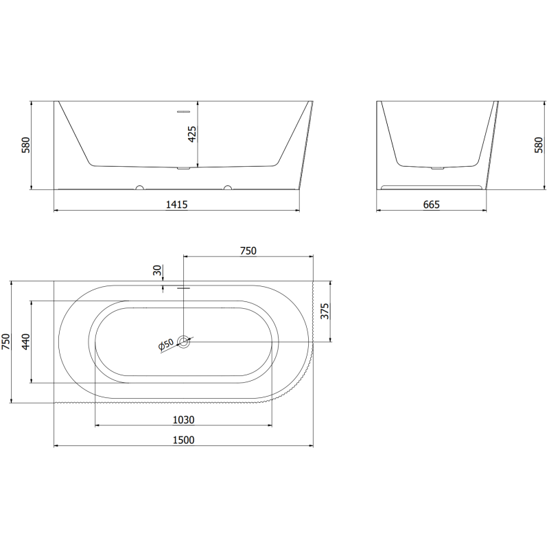 Mexen Silo freistehende Eckbadewanne links geriffelt 150 x 75 cm, weiß, Überlauf gebürsteter Nickel - 52891507500L-97