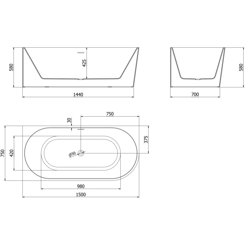Mexen Mia freistehende Eckbadewanne Links 150 x 75 cm, weiß, Überlauf schwarz - 52691507500L-70
