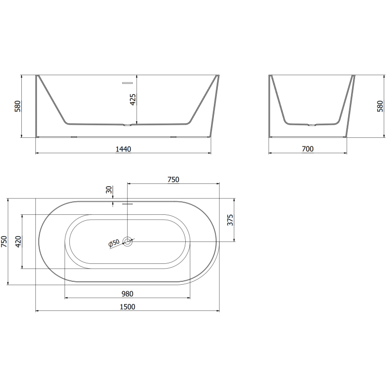 Mexen Mia Freistehende Eckbadewanne links 150 x 75 cm, weiß/schwarz, Überlauf gold - 52691507575L-50