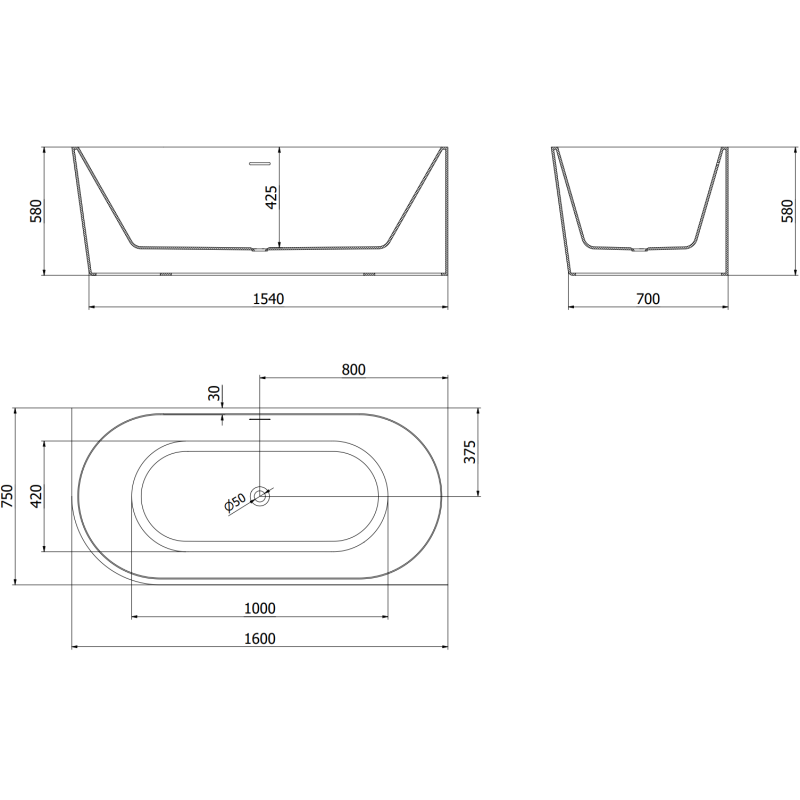 Mexen Mia freistehende Eckbadewanne rechts 160 x 75 cm, weiß, Überlauf Gun Gray gebürstet - 52691607500P-66