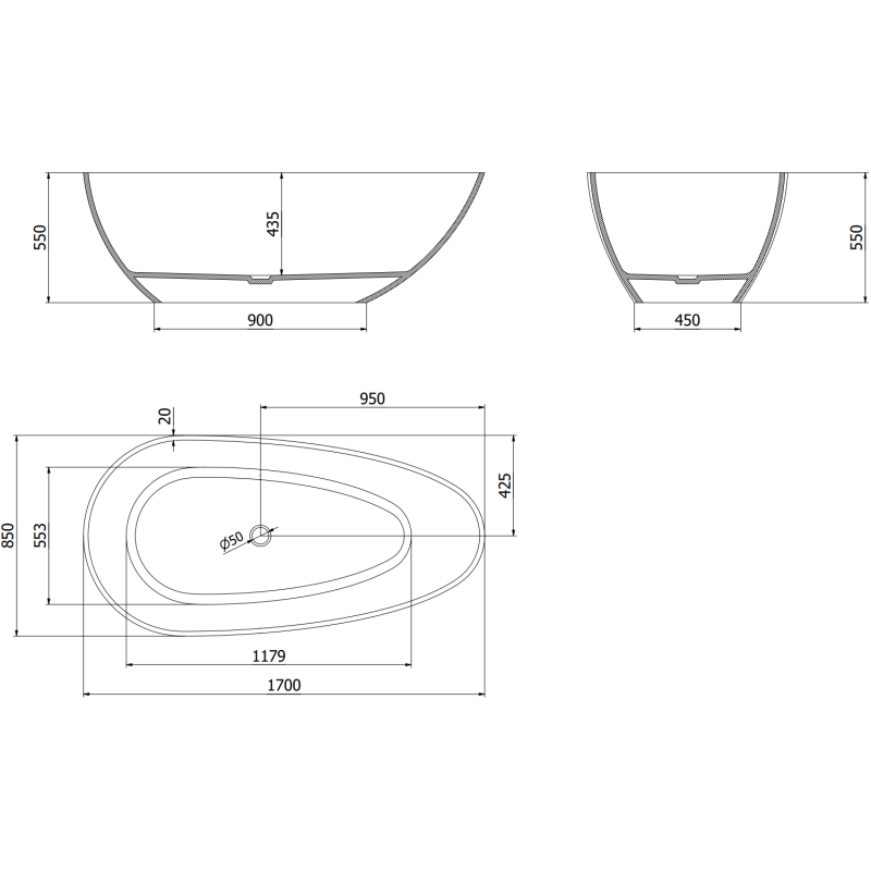 Mexen Glass klare freistehende Badewanne transparent 170 x 85 cm, Chrom-Stöpsel - 58061708508