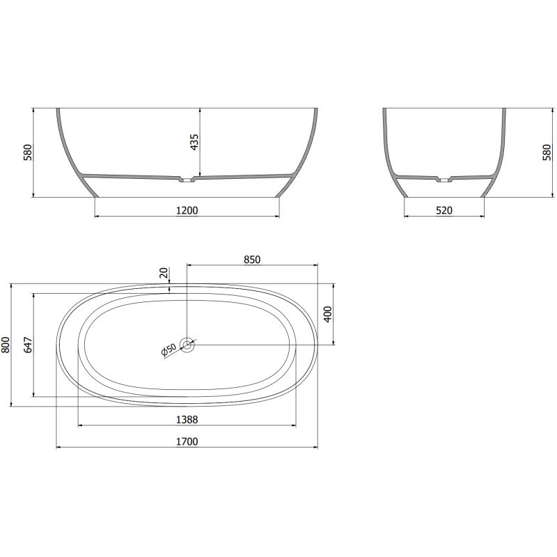 Mexen Pure Bronze freistehende transparente Badewanne 170 x 80 cm, chrom Stopfen - 58071708018