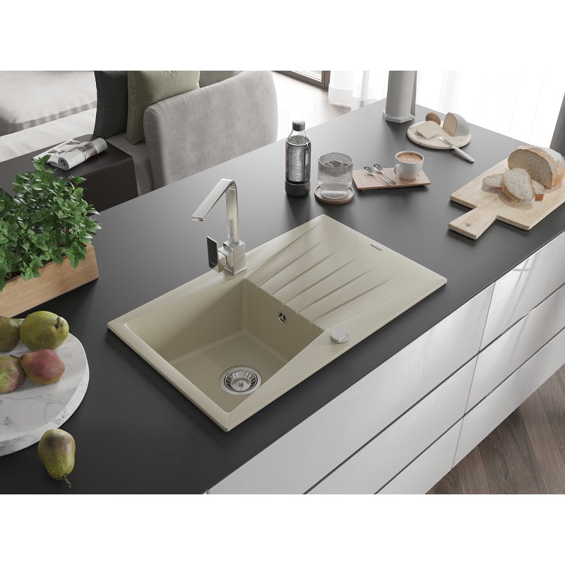 Mexen Cesar Granitspüle 1-Becken mit Abtropffläche und Küchenarmatur Rita, beige - 6514-69-670300-00