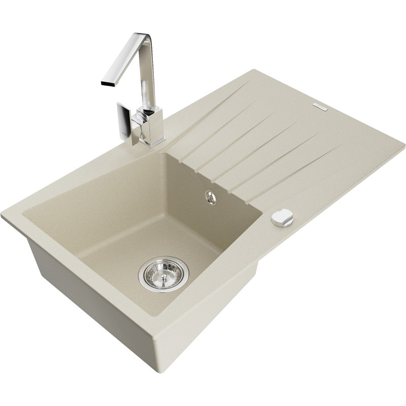 Mexen Cesar Granitspüle 1-Kammer mit Abtropffläche und Küchenarmatur Rita, beige - 6514-69-670300-00