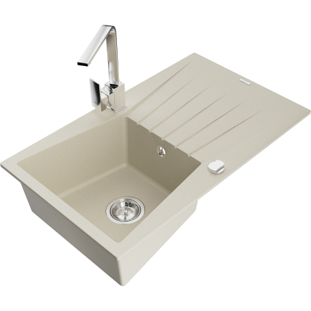 Mexen Cesar Granitspüle 1-Kammer mit Abtropffläche und Küchenarmatur Rita, beige - 6514-69-670300-00