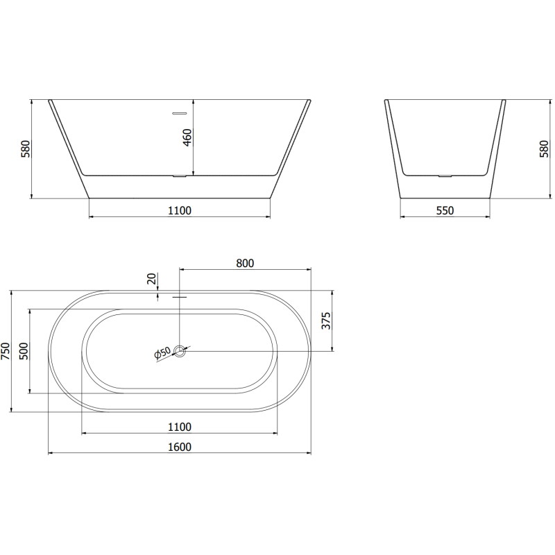 Mexen Flavia freistehende Badewanne 160 x 75 cm, weiß, Überlauf Chrom - 54031608000