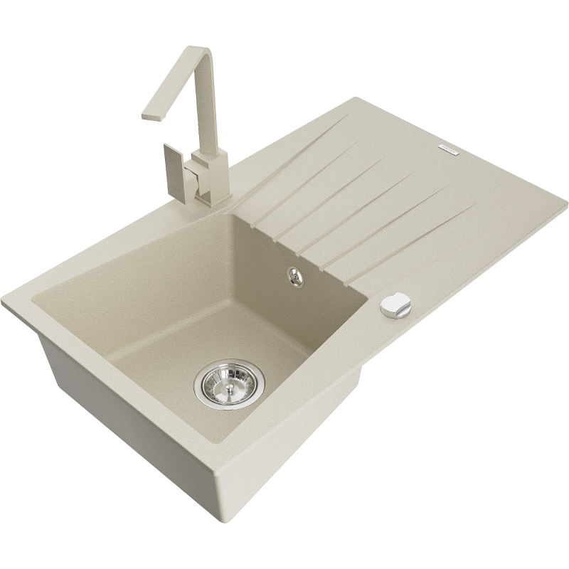 Mexen Cesar Granitspüle 1-Becken mit Abtropffläche und Küchenarmatur Rita, beige - 6514-69-670300-69