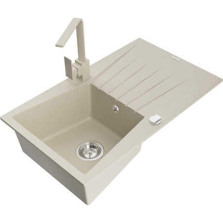Mexen Cesar Granitspüle 1-Becken mit Abtropffläche und Küchenarmatur Rita, beige - 6514-69-670300-69