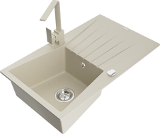 Mexen Cesar Granitspüle 1-Becken mit Abtropffläche und Küchenarmatur Rita, beige - 6514-69-670300-69
