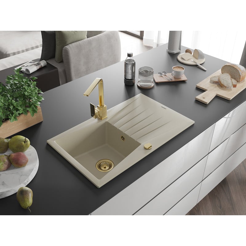 Mexen Cesar Granitspüle 1-Becken mit Abtropffläche und Küchenarmatur Rita, beige - 6514-69-670300-50