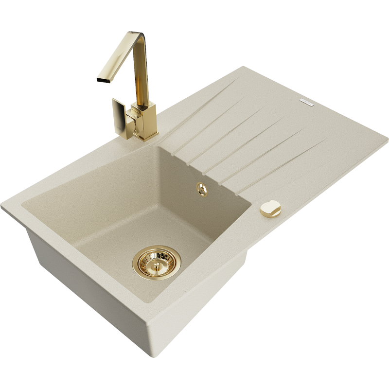 Mexen Cesar Granitspüle 1-Becken mit Abtropffläche und Küchenarmatur Rita, beige - 6514-69-670300-50