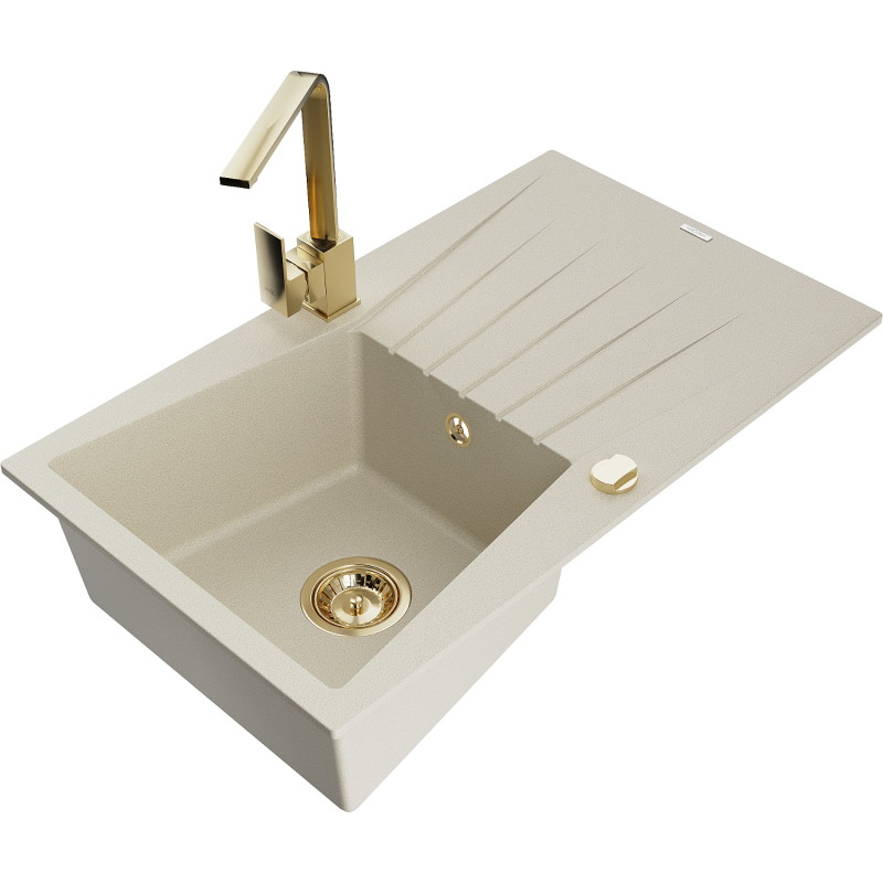 Mexen Cesar Granitspüle 1-beckig mit Abtropffläche und Küchenarmatur Rita, beige - 6514-69-670300-50